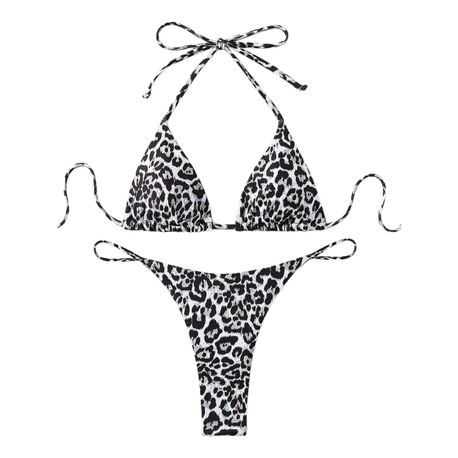 Bikini Mujer Mujeres Leopardo Impresión Conjunto De Dos Piezas Traje Baño Corbata Lateral Ropa Playa-XS（Old）-Black