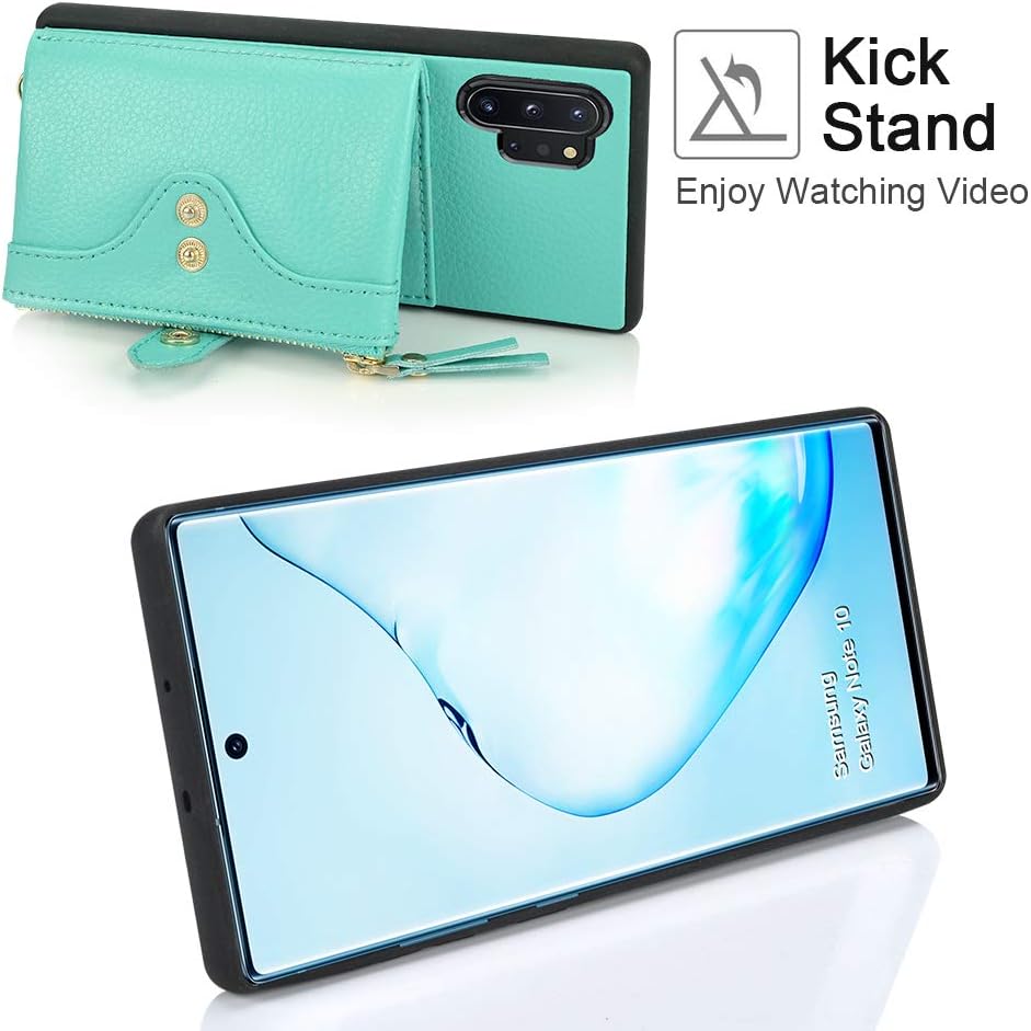 LAMEEKU Wallet Case for Samsung Galaxy Note 10 Plus, Zipper Wallet Case with Card Holder Crossbody Case with Wrist Strap Protective Case for Samsung Galaxy Note 10+ 5G, 6.8 inches-Teal
