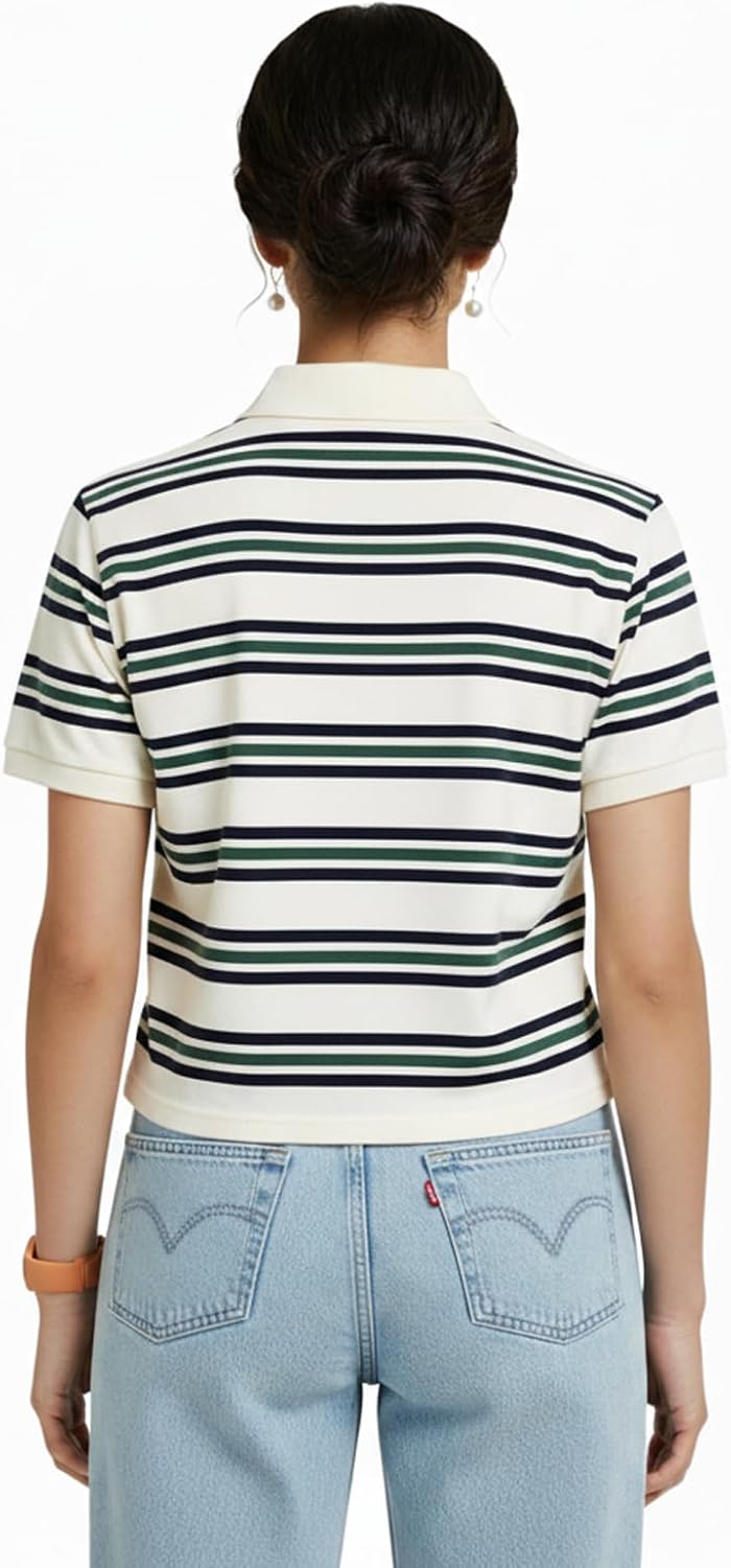 Women Striped Rugby Shirts Y2K Vintage Collared Neck Button Up Cropped Polo Shirts Summer Preppy Grunge Streetwear - Image 2