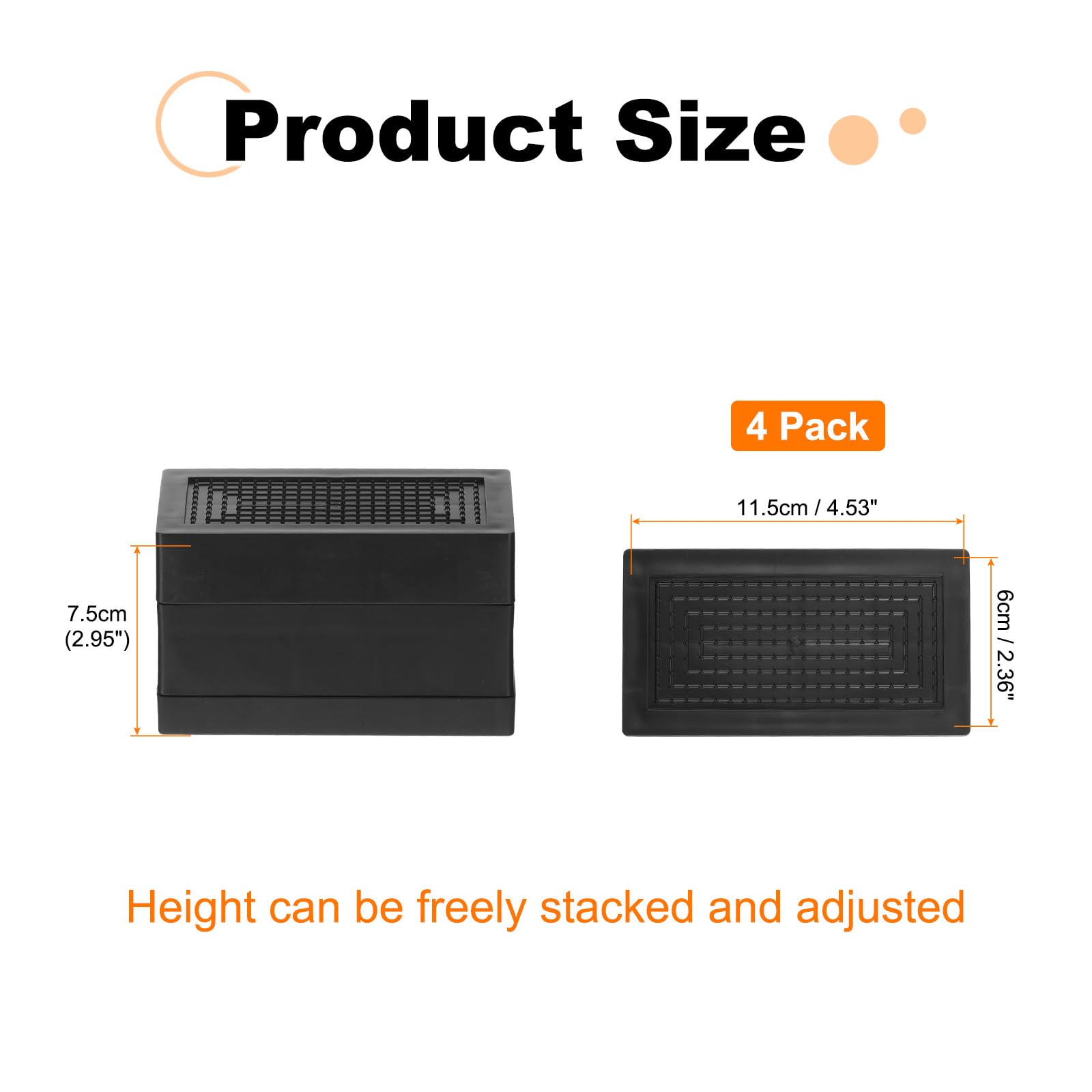 uxcell 4-Pack Rectangle Bed Risers, 2.95 Inch Frameless Heavy Duty Adjustable Furniture Risers for Bed Sofa Table and Couch Lift (Black)