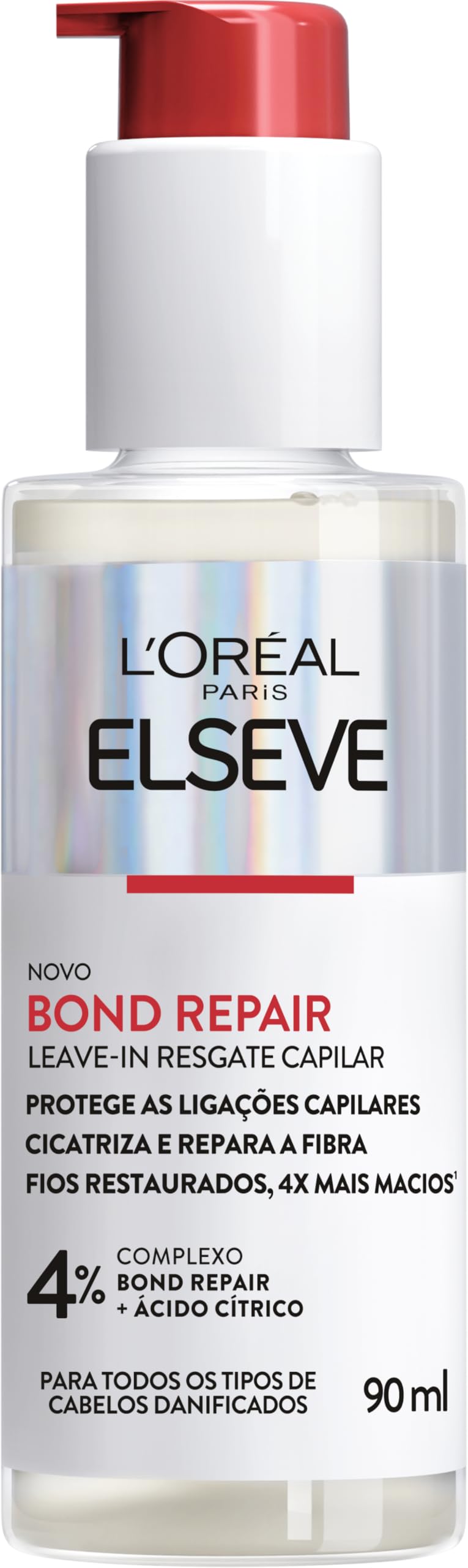 L'Oréal Paris Elseve Bond Repair Leave-In Resgate Capilar com Ácido Cítrico, Glicina e Pantenol, Proteção Térmica 230°C e Controle de Frizz, Reparação Molecular Intensa, 90ml