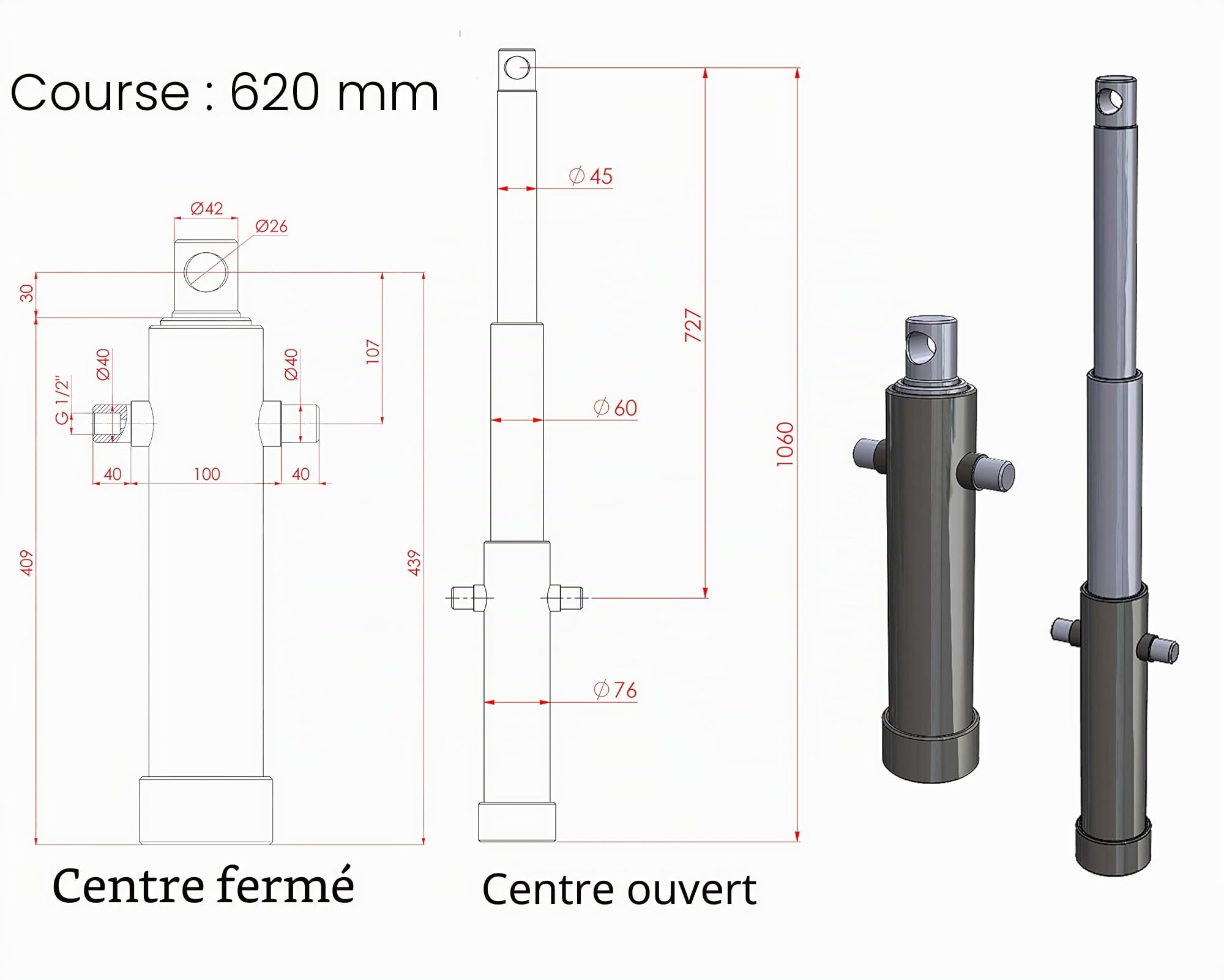 Vérin hydraulique télescopique 2 étapes 6 Tonnes C.C.44 cm Course 62 cm