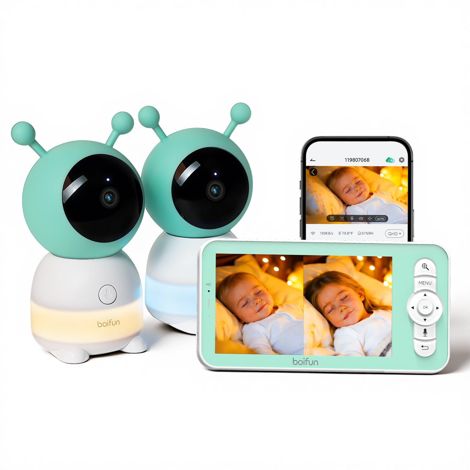 BOIFUN Cámara de seguridad para bebés 2K WLAN con 2 cámaras, aplicación y pantalla de 5 pulgadas, luz nocturna, visión nocturna por infrarrojos, cámara de 360°, móvil, detección de llanto/movimiento