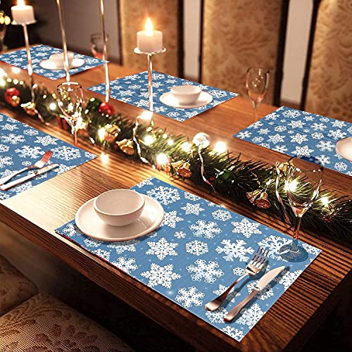 Christmas Placemats Set Of 4 Snowflake Placemats For Dining Table Waterproof Table Mats Holiday For Christmas Table Decorations Blue And White 12 × 18 Inch #TOP6