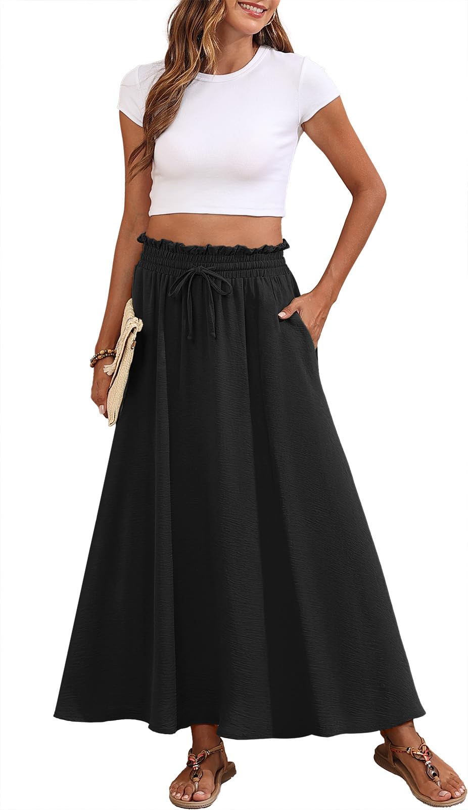 Askyes Womens Maxi Skirt Summer Tie Knot Elastic High Waisted Boho Casual Beach Flowy Swing Long Skirts with Pockets