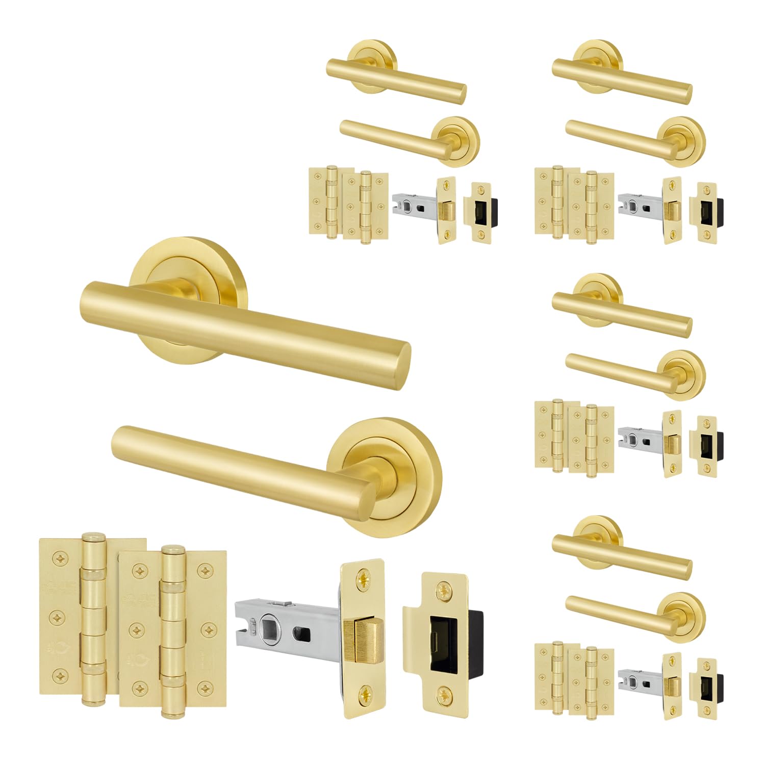 EAI Satin Brass Door Handle Latch Set, 5 Pairs Internal T-Bar Lever on Rose Handles, Latch (64mm) Hinges (76mm) - Oliena
