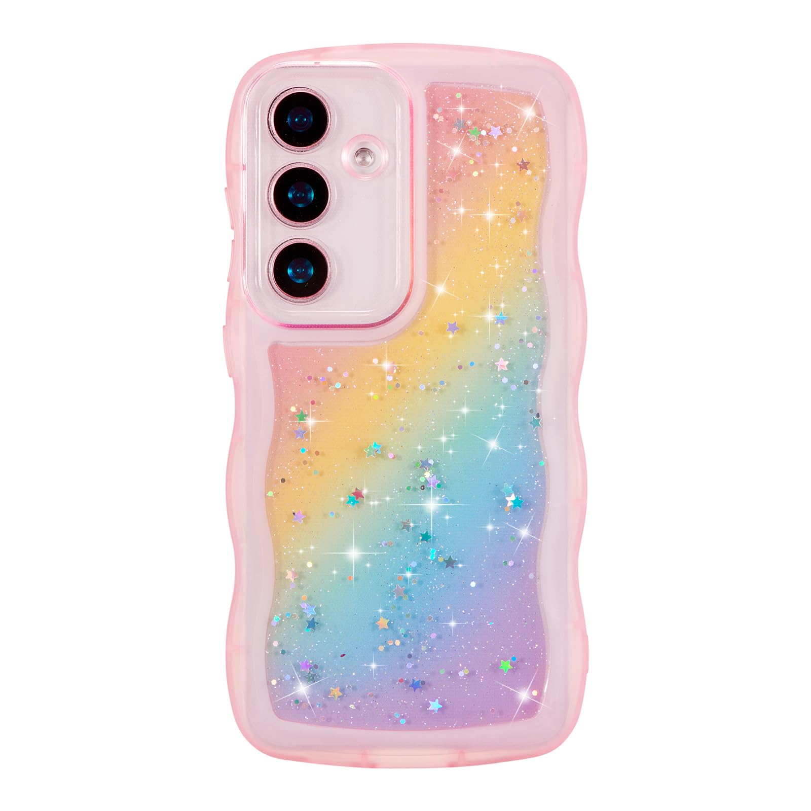 ZTOFERA for Samsung Galaxy S24 FE 5G Case 6.7",Cute Curly Wave Case with Glitter Rainbow Star,Clear Shiny Bling Soft TPU Shockproof Phone Protective Cover for Galaxy S24 FE-Rainbow Pink