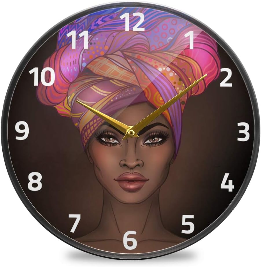ALAZA African Girl Wall Clock Battery Operated Silent Non Ticking Clocks for Living Room Decor 12 Inch / 9.5 Inch