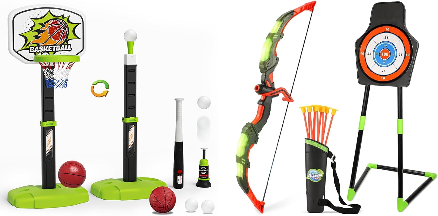 Outdoor Sport Toys Light Up Archery & Toddler Basketball Hoop and Tee Ball Set for Boy Bow and Arrow Set with 10 Suction Cup Arrows Baseball Tee with Automatic Pitching Machine Christmas Birthday Gift