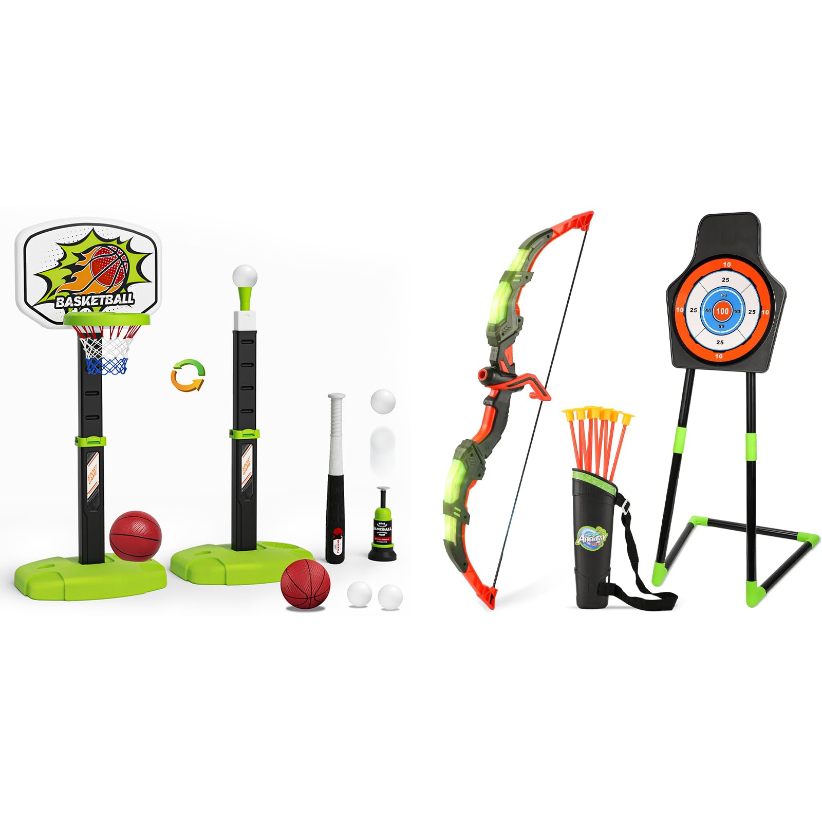 Outdoor Sport Toys Light Up Archery & Toddler Basketball Hoop and Tee Ball Set for Boy Bow and Arrow Set with 10 Suction Cup Arrows Baseball Tee with Automatic Pitching Machine Christmas Birthday Gift