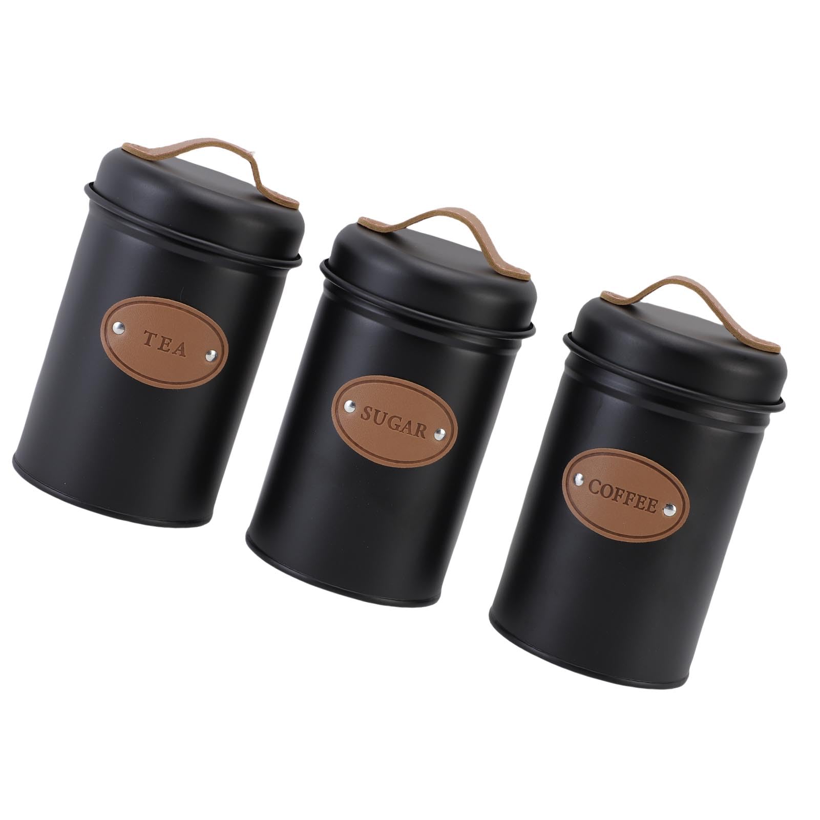 Walfront Set Barattoli Sigillati Barattolo per caffè in Ferro 3 Pezzi 15,5 X 10,4 Cm con Coperchi con Manico Ed Etichette Distintive per tè, caffè, Zucchero, Farina, Bancone della, Dispensa (BLACK)