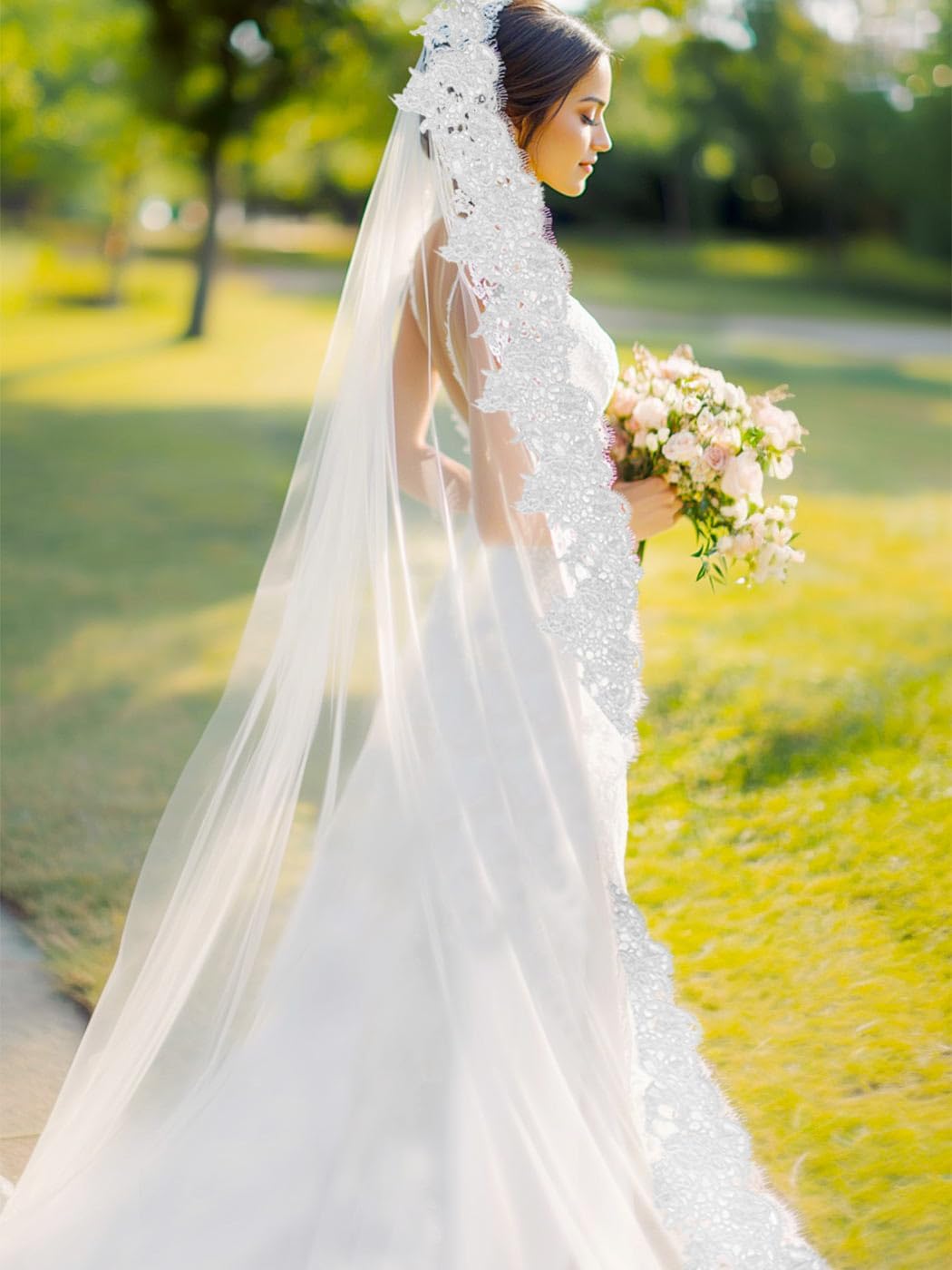 EASEDAILY Lace Wedding Veils Ivory Long Cathedral Chapel Length 1 Tier Bridal Tulle Veils with Comb for Women