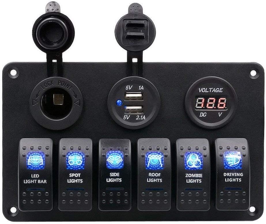 AUTO MT 6 GANG ROCKER SWITCH PANEL CIRCUIT LED BREAKER + VOLTMETER+ 2 USB SOCKETS