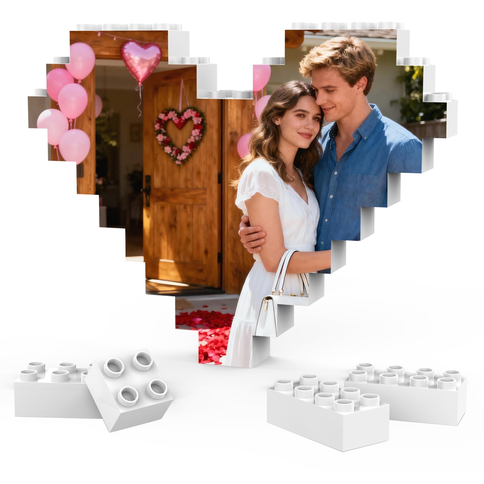 Personalised Photo Block Puzzle for Couples – Custom Double Sided Picture Building Bricks, Heart Shaped or Rectangle, Personalised Gifts for Anniversary Valentine’s Day (Heart)