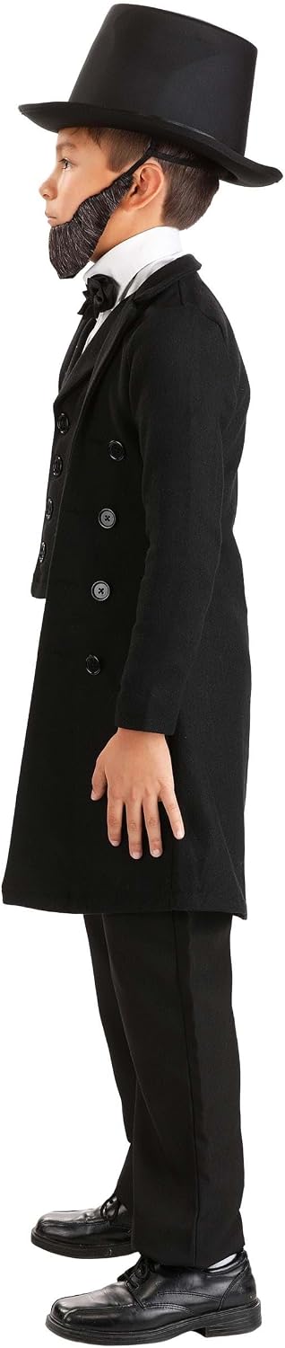 Kids Abraham Lincoln Halloween Costume | Black Jacket with Attached Vest, Hat, and Bow Tie | Classic President Outfit