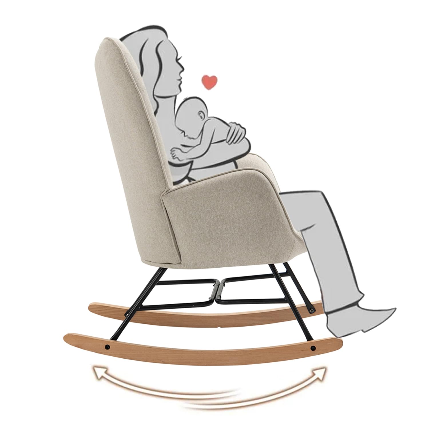 MEUBLE COSY Sedia a Dondolo Poltrona Imbottita Relax con Braccioli Schienale Alto per Soggiorno Cameretta in Tessuto con Gambe in Legno