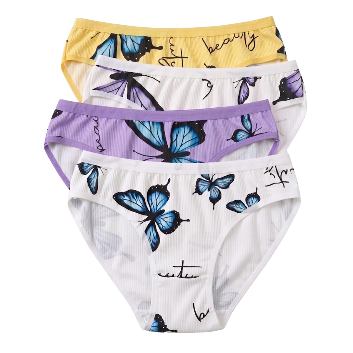 Women's Butterfly Print Panties, Ribbed Fabric, Comfortable Waistband, 4-Pack Multicolour Panties-image-3