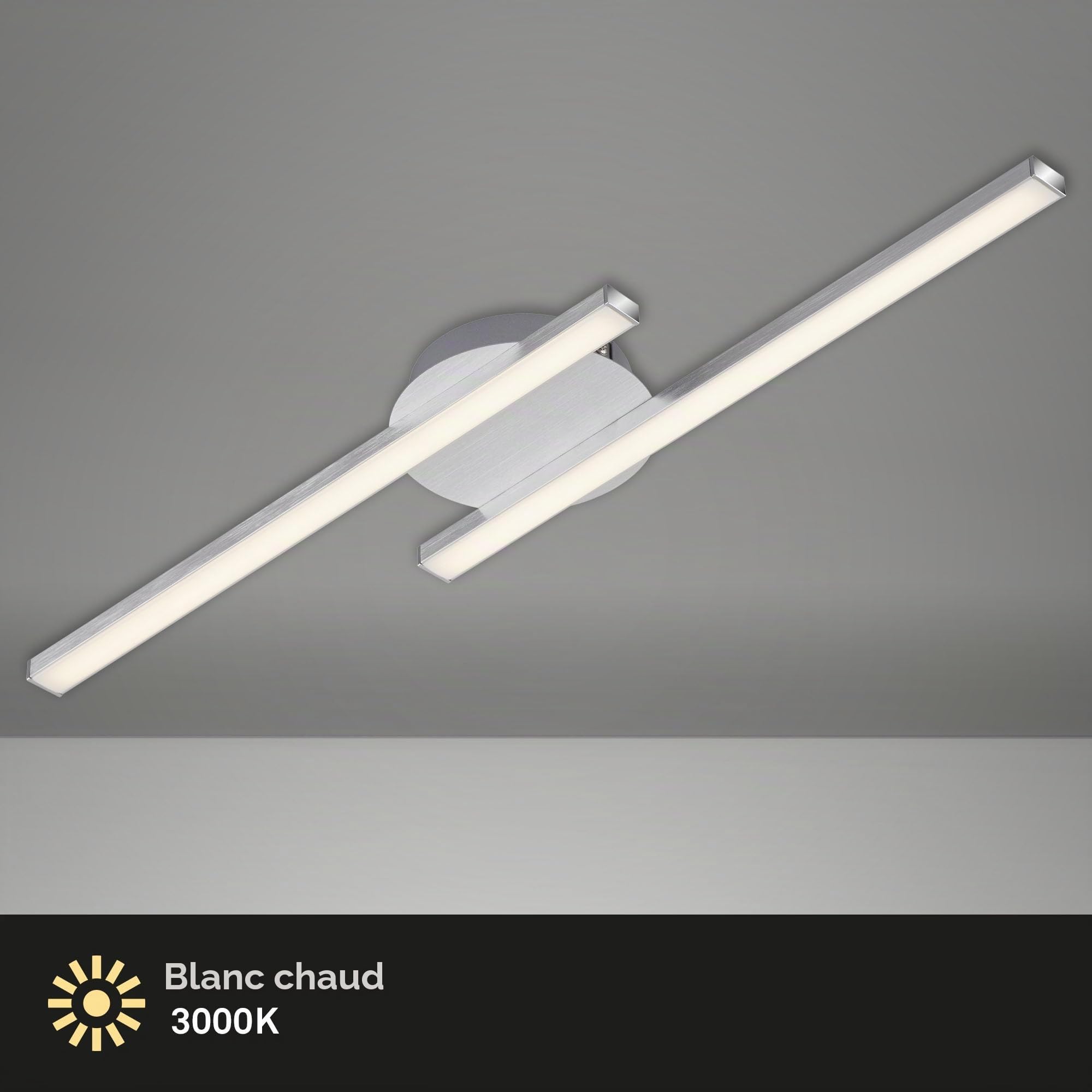 Briloner Leuchten Lampe de plafond LED – 2 barres lumineuses droites 2 x 6W – Lumière blanche chaude – Couleur gris aluminium