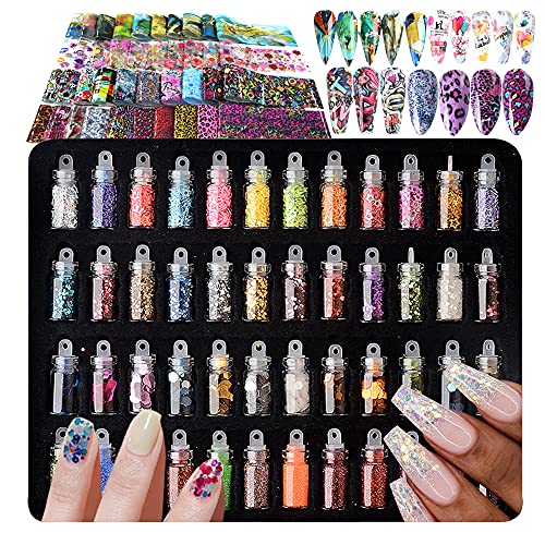 UARUOGP 48 Bottles 3D Nail Art Supplies Rhinestones,40 Sheets Foil Stickers, Diamonds Sequins Glitter Metal Crystal Beads Laser Flower Leopard Marble Valentines Day Christmas Nail Kit