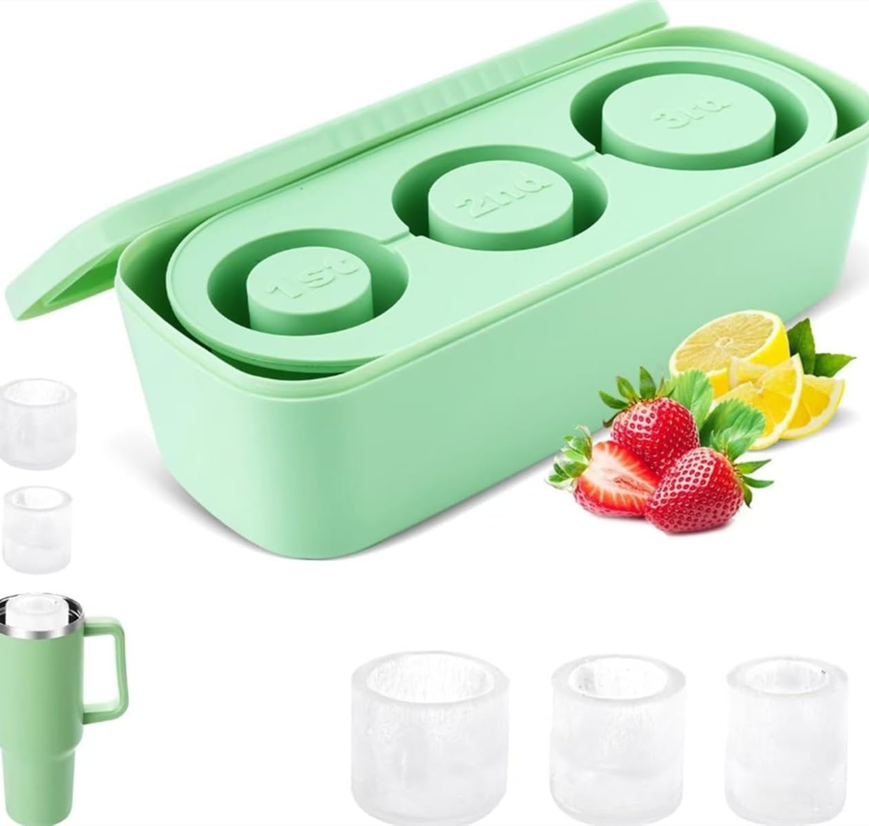 Ice Cube Tray for Stanley Cup 30-40 oz Tumbler 3Pcs Ice Cube Mold, Silicone Ice Tray With Lid and Bin for Chilling Cocktails, Whiskey, Drinks, Coffee, Easy Fill and Release Ice Maker BPA Free (Green)