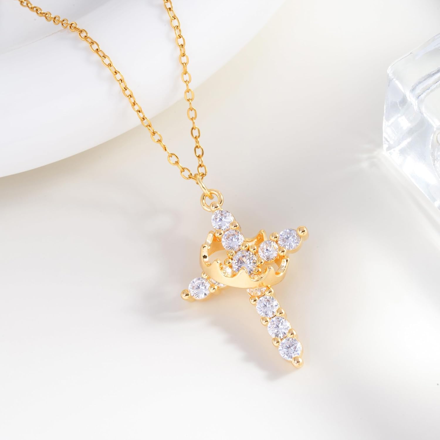Crown Cross Necklace Earring Set for Women,Diamond Dainty 14k Gold Plated Cubic Zirconia Pendant Necklaces and Earring,Trendy Waterproof Non Tarnish Faith Jewelry First Communion Necklace - Image 5