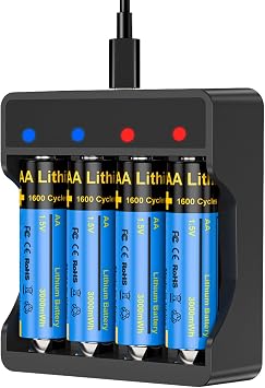 Battery Charger with 4 Pack Rechargeable AA Lithium Batteries for Blink Camera,1.5V 3000mWh Rechargeable Battery with AA/AAA Battery Charger