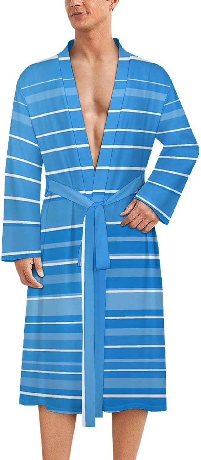 Blue Striped Men's Robe Soft Bathrobe V Neck Loungewear Sleepwear Nightgown Dressing Gown