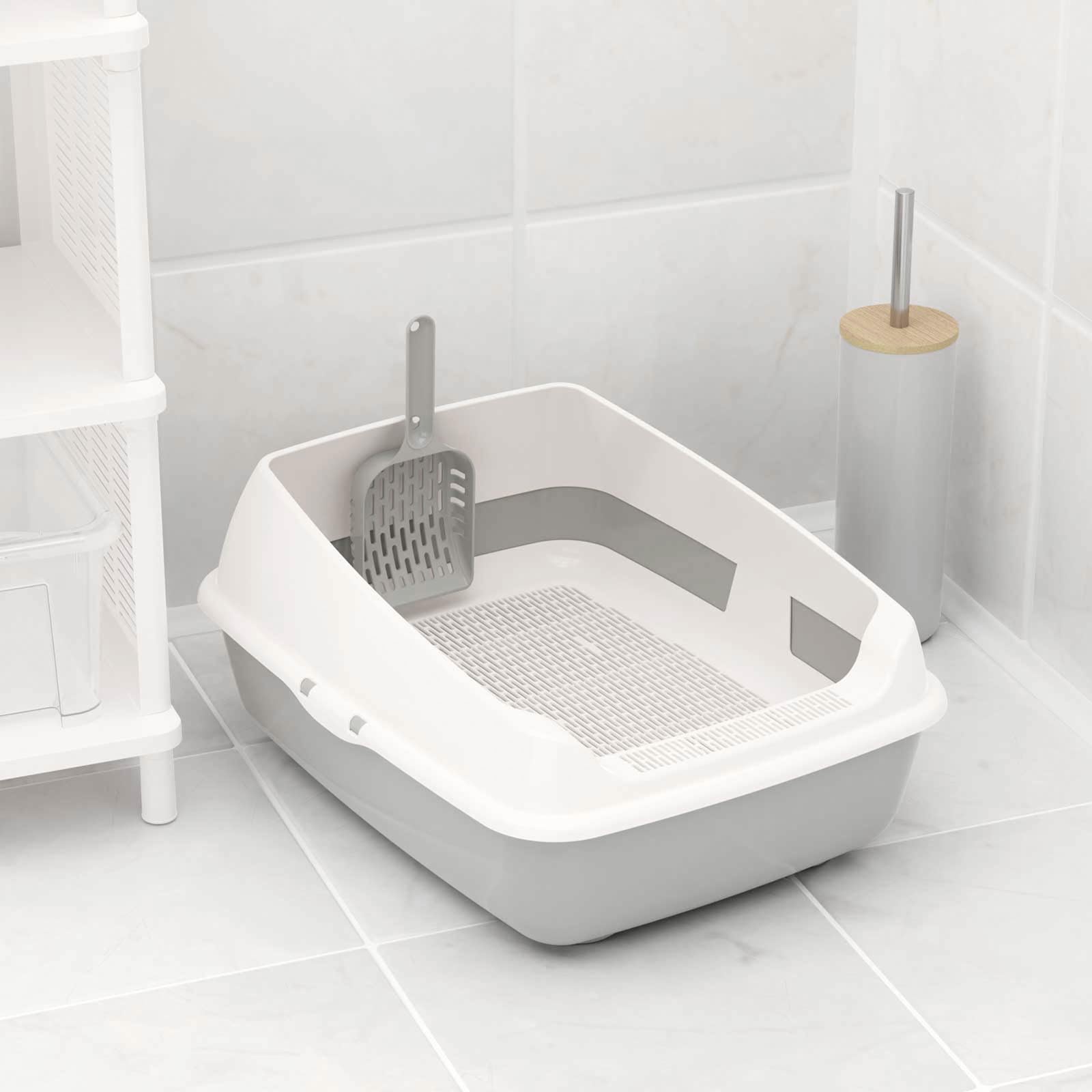Set Katzentoilette mit Rand und Reinigungssieb und Erste Schalentoilette für Kätzchen Katzenbabys Kaninchen Katzenklo Abnehmbarer Hochrand Reinigungssieb Grau