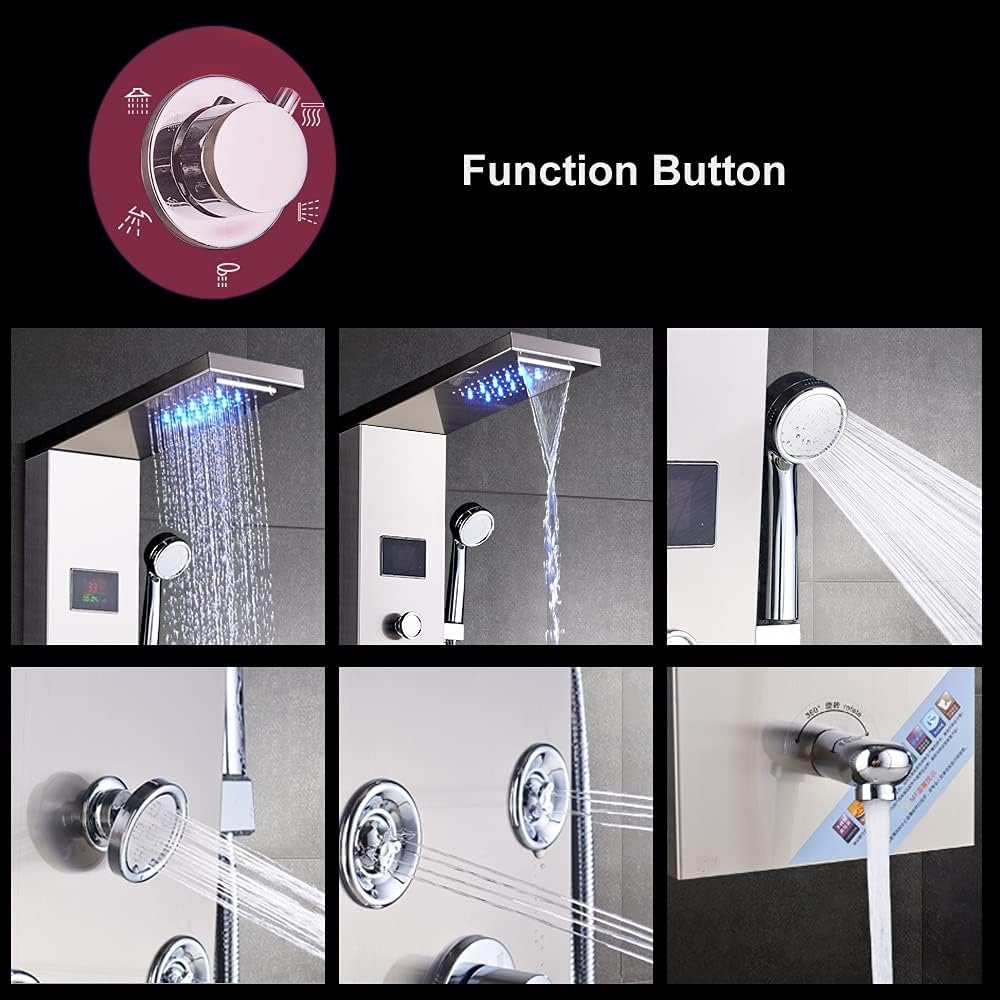 LED Columna de ducha de hidromasaje panel de ducha con 5 funciones de acero inoxidable 304, mezclador de masaje, cabezal de ducha fijo, ducha y boca bañera para baño