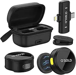 Microfone de Lapela Duplo Sem Fio α’GOLD Premium, Case de Carregamento, 10h Bateria, Cancelamento de Ruído, Áudio Pro, Compatível com iPhone e Android USB-C, Plug & Play para Vídeos e Lives