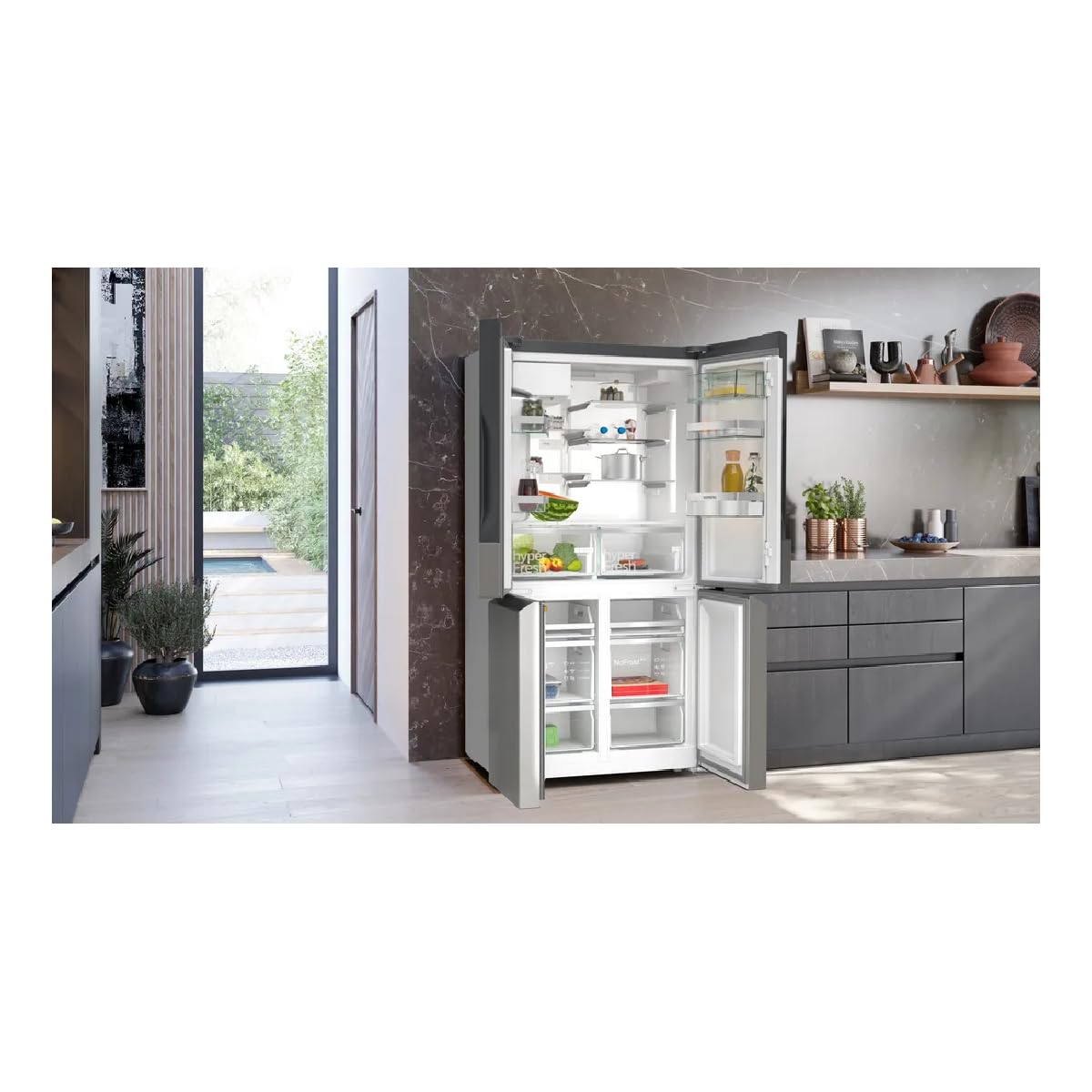 SIEMENS KF96DPPEA iQ700 - Frigorifero congelatore, 183 x 90,5 cm, raffreddamento da 574 l e congelatore da 199 l, noFrost, hyperFresh 0 gradi, luce LED, pannello posteriore in vetro illuminato con