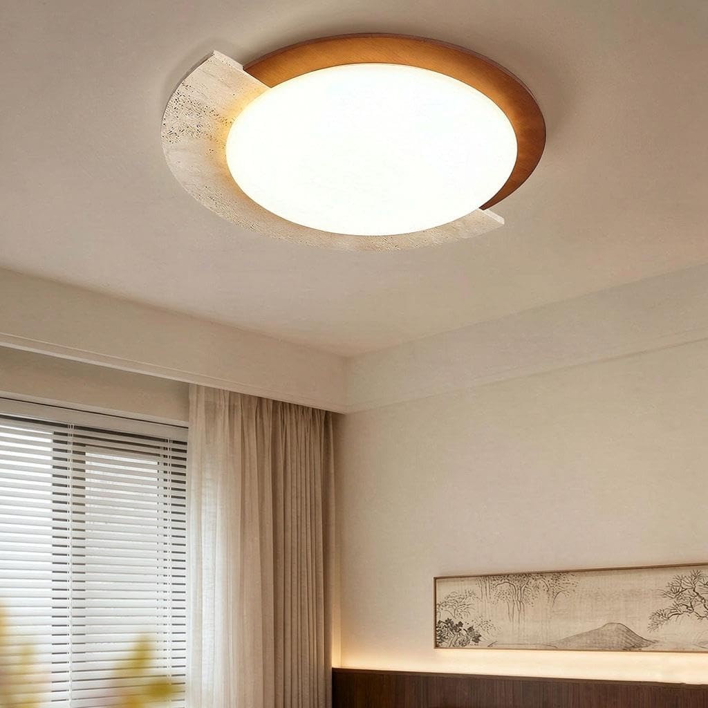 Lampa sufitowa z żółtego trawertynu okrągła lampa sufitowa w stylu wabi‑sabi nowoczesna ściemnialna drewniana lampa sufitowa LED odpowiednia do sypialni salonu przedpokoju(58cm)