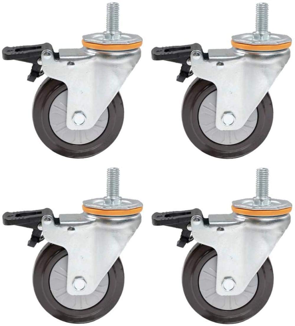X4 Roulette en Caoutchouc 4in Roue de Roulette pivotante Meuble Industriel Roue de Remplacement-avec Tige de vis de Frein M14 / 16x30mm Charge 300kg-M16_4_Brake
