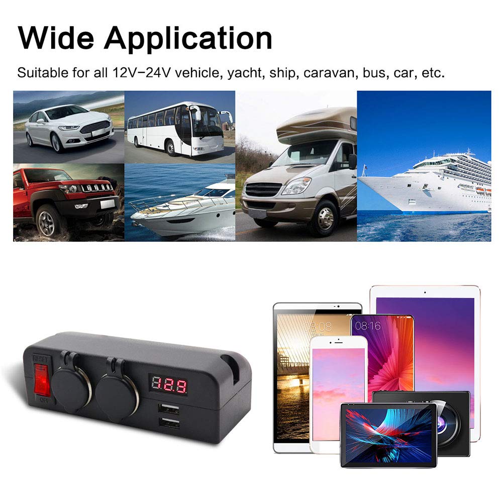 Qiilu Adaptateur Allume-Cigare, séparateur de Prise Allume-Cigare 3 en 1 Chargeur de Voiture USB Multifonction Adaptateur d'alimentation voltmètre
