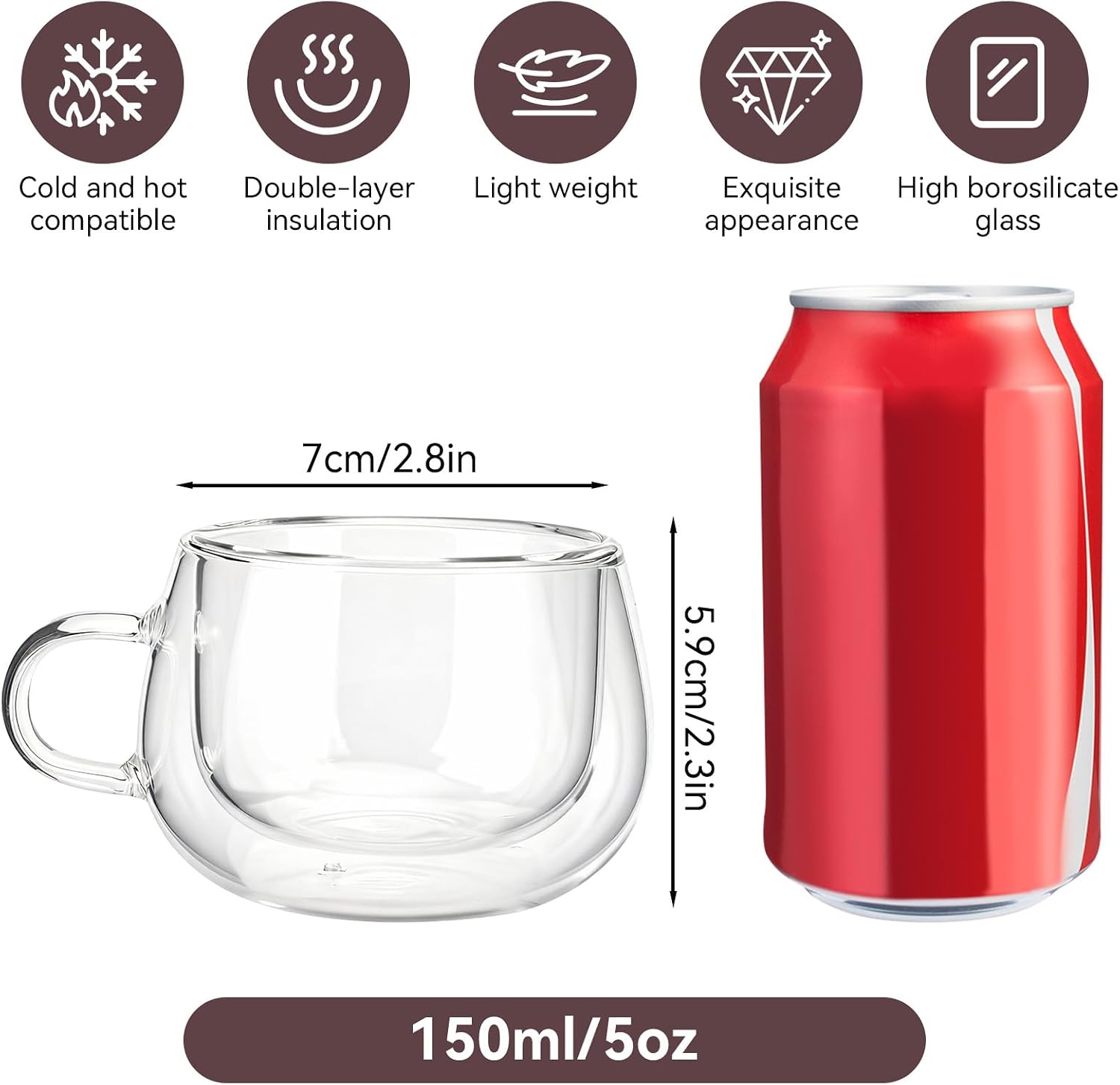 2PCS Double Walled Glass Coffee Mugs Set, 150ml Small Double Wall Glass Coffee Mugs Transparent Doublelayer Glass Cup Mug with Handles for Espresso, Latte, Tea