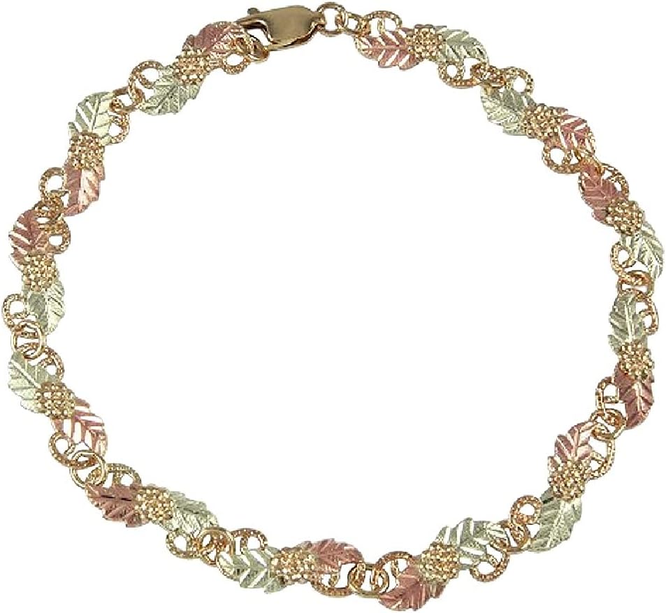 Black Hills Gold Bracelet,10k Yellow Gold with 12k Green and Rose Gold Grape Leaves Motif, Hand-Engraved Tri-Color Leaf Design, 6.5" Adjustable Chain, Women’s Fine Jewelry Gift