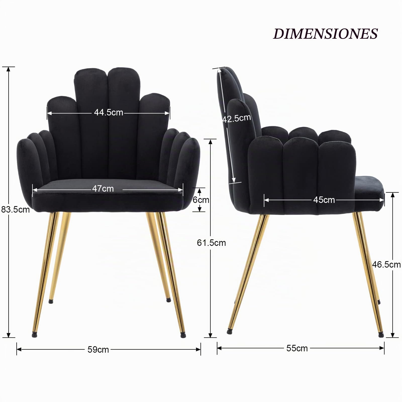 chairus Juego de 2 Sillas de Comedor de Terciopelo Sillas Cocina Modernas con Patas Doradas,Sillas de Salón Elegantes Sillas de Ocio con Respaldo para Restaurante/Cafetería,Negro | Sillón de peluquería Reposabrazos cómodo respaldo original pies dorados pa
