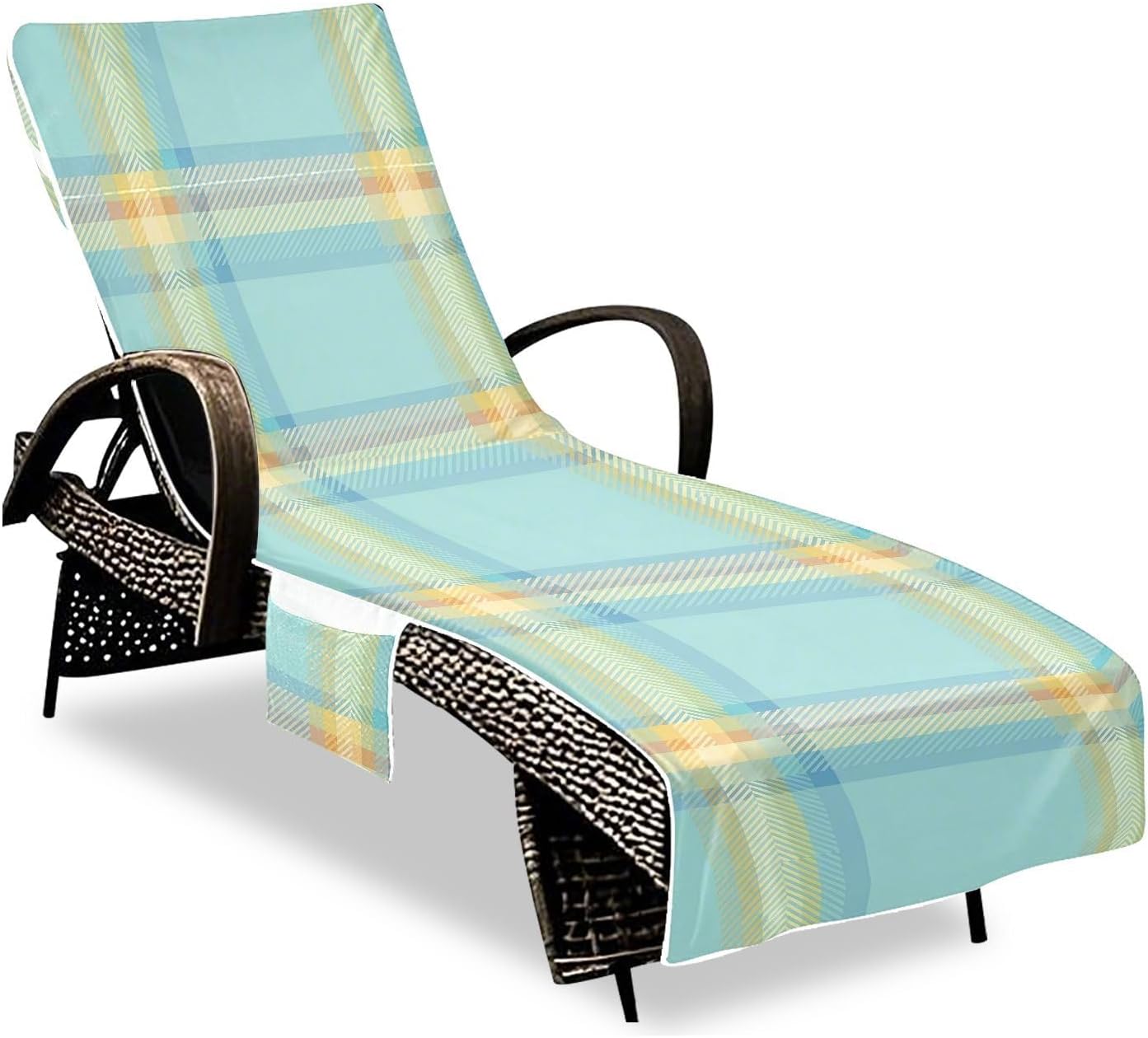 Checkered Patterns Lounge Chair Towel Cover with Side Pockets – 85x30in Foldable Chaise Cover for Beach, Pool, Patio, Spa
