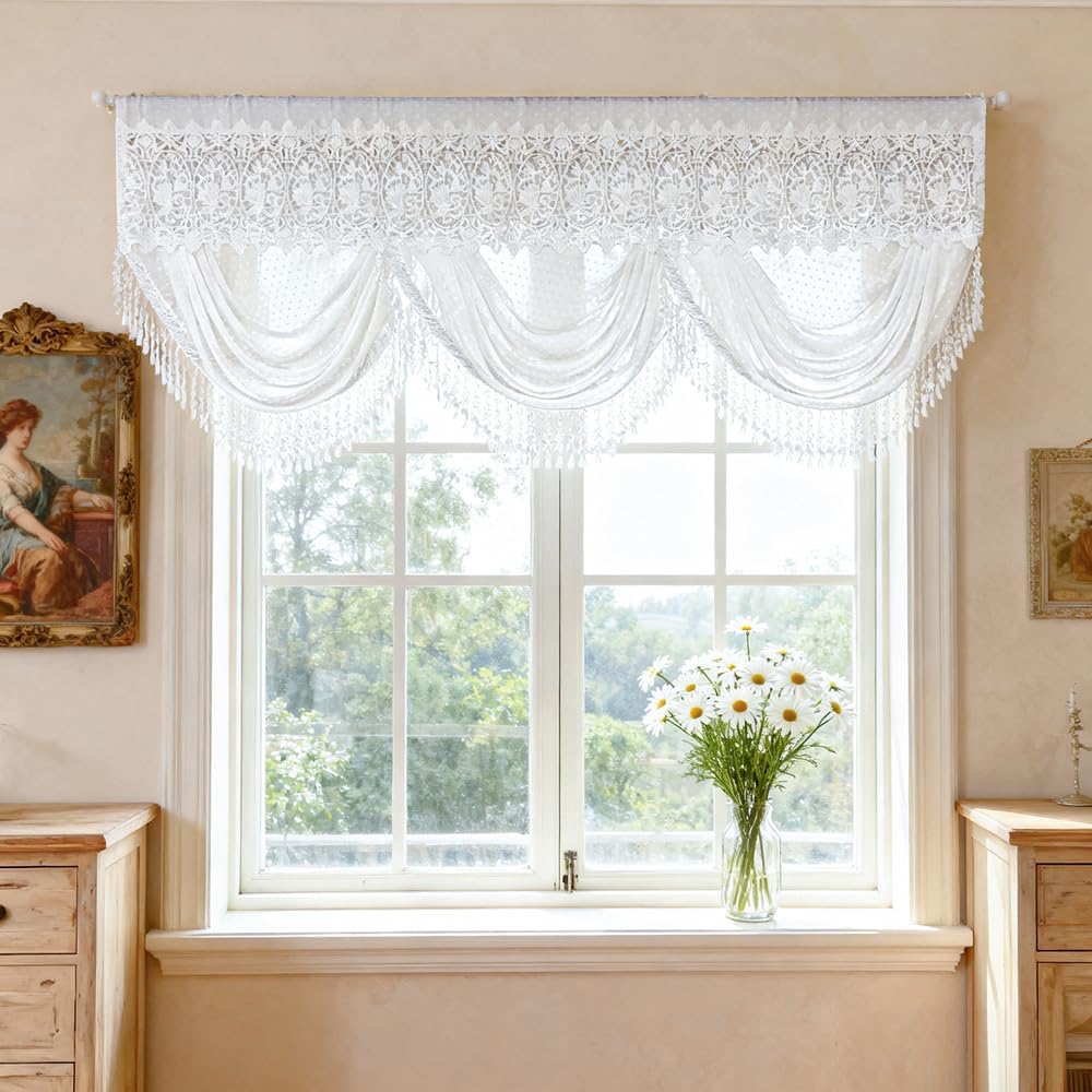 Elegant Floral Lace Waterfall Valance Curtains for Bedroom Luxury Sheer Valance Curtains for Living Room Victorian Style Swag Valance for Window Home Decor for Kitchen Rod Pocket (White,W75 L30 inch)