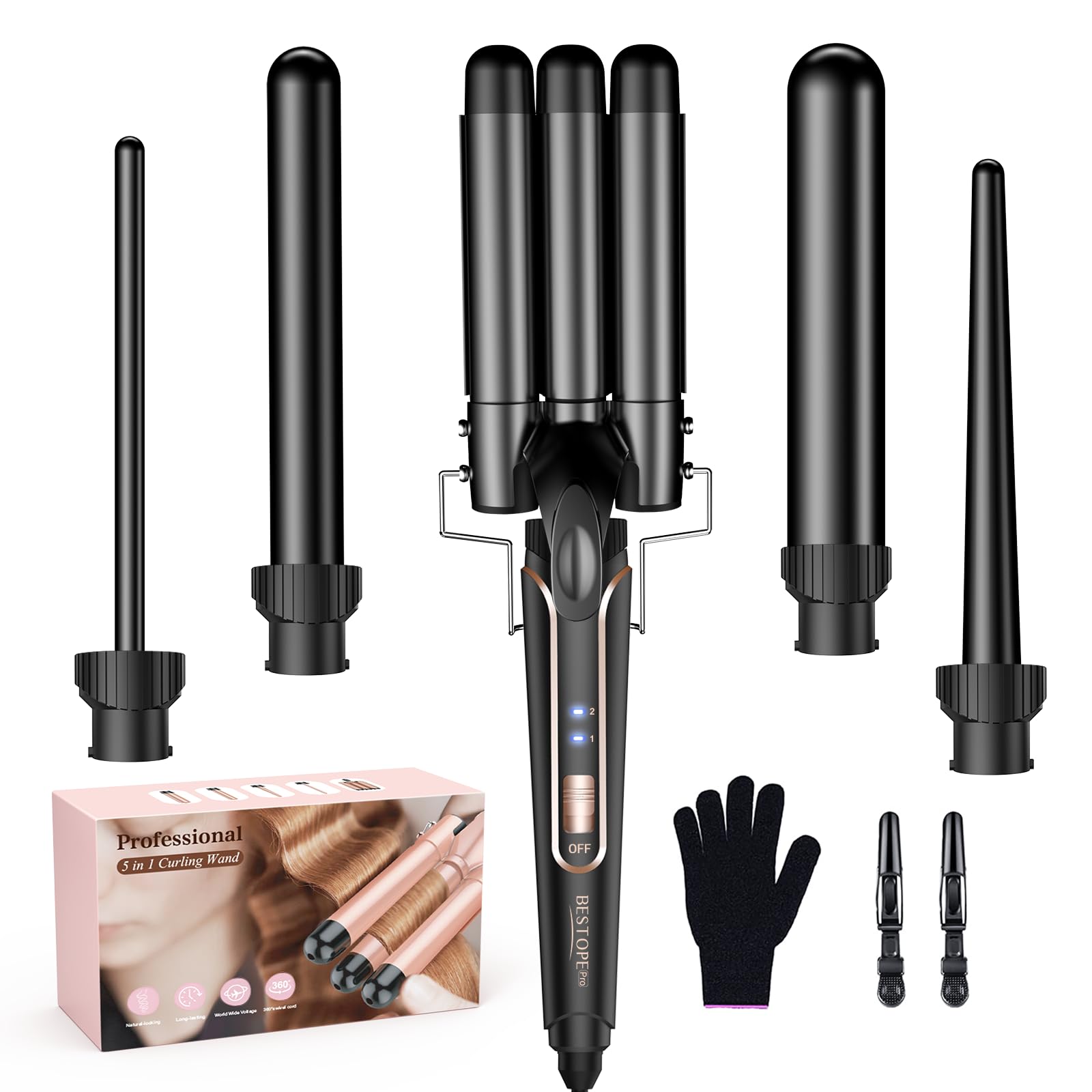 Lockenstab Lockenstäbe 3 Fässer Welleneisen 5 in 1– Lockenstab Set 3 Fässer für großer Wellen, Temperatureinstellung, Schnellaufheizung und einem Handschuh, 2 Clips,Schwarz