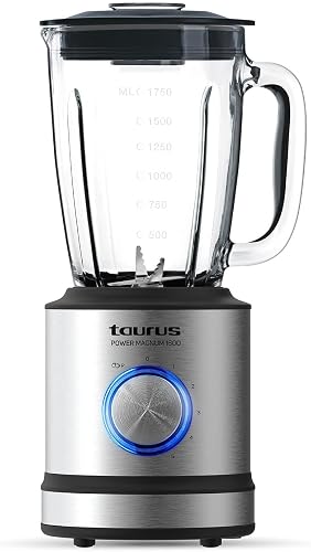 Taurus 1600 - Batidora de vaso, 1600 W, jarra cristal, 1.75 L, cuchillas de 6 filos, 5 velocidades + pulse, pica hielo, acero inoxidable, selector iluminado, inox