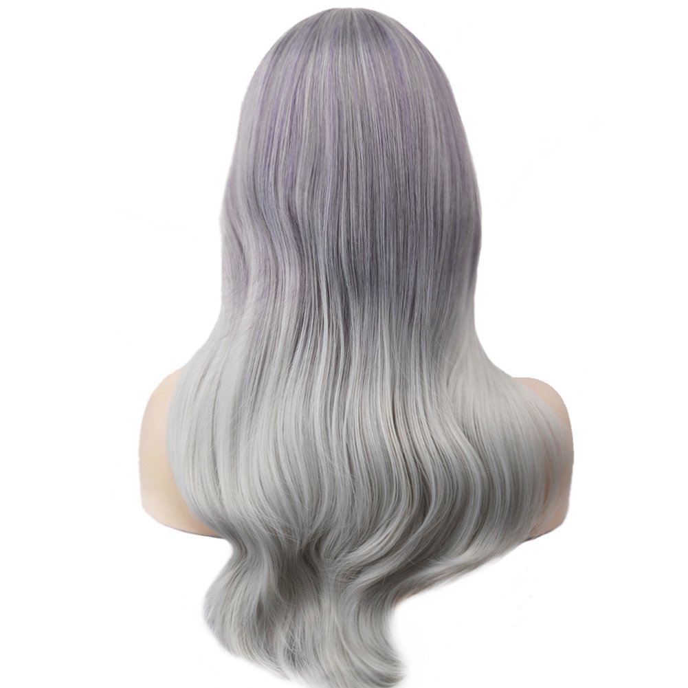 BERON Long Wavy Dark Roots Ombre Silvery Grey Wigs with Bangs