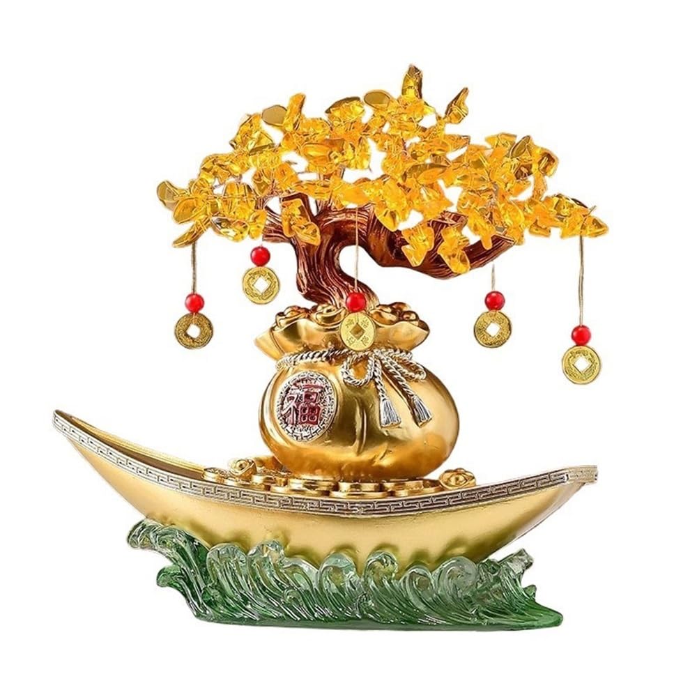 Home Decor Citrine Fortune Tree Smooth Sailing, Home Feng Shui Wealth Prosperity Table Decoration Bonsai(Gold)