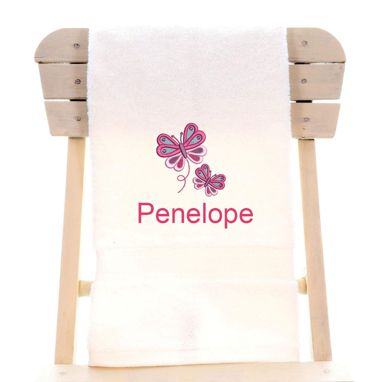 Aztex White Personalised Children's 100% Cotton Bath Towel With Butterfly Logo & Name, 550Gsm, 70Cm X 130Cm