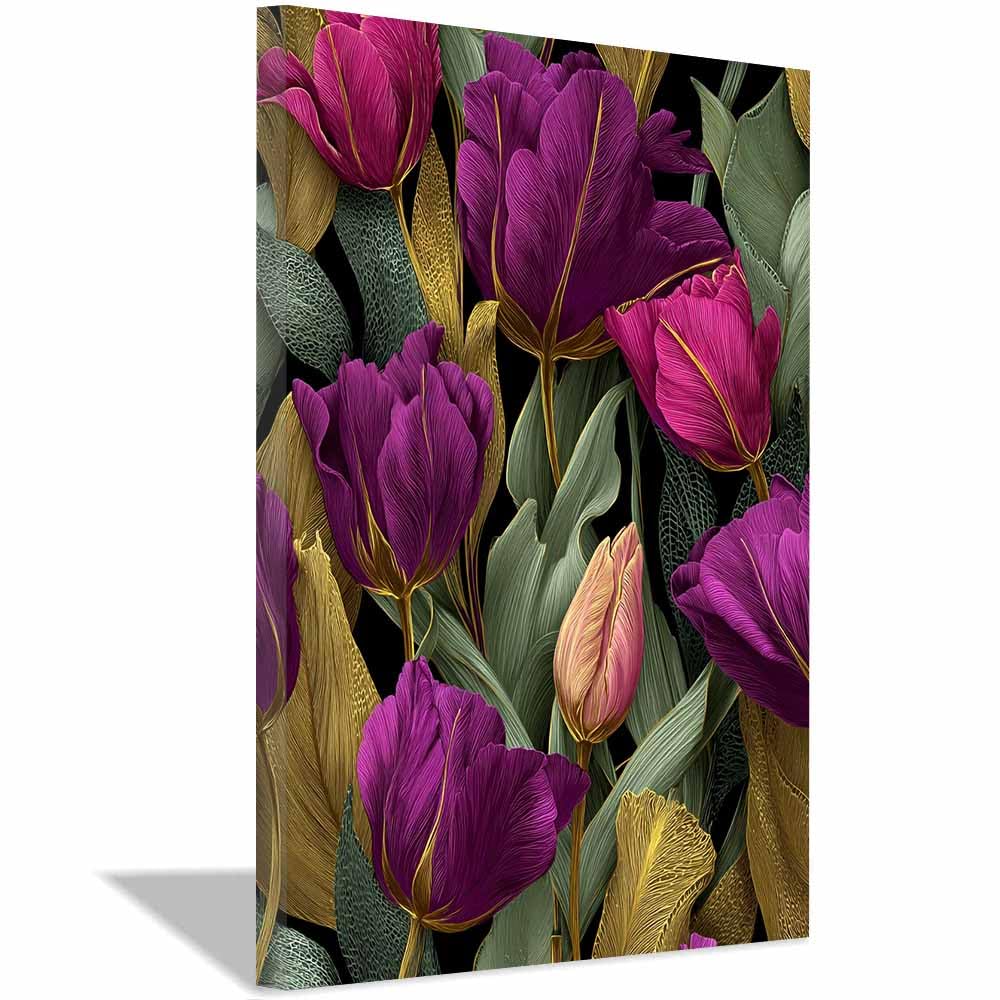 Xeniou Multicolor Flower Wall Art Canvas Purple Tulip Black Art Canvas Wall Art, For Bathroom Living Room Bedroom Office Kitchen(Multicolor)-70X100cm Framed