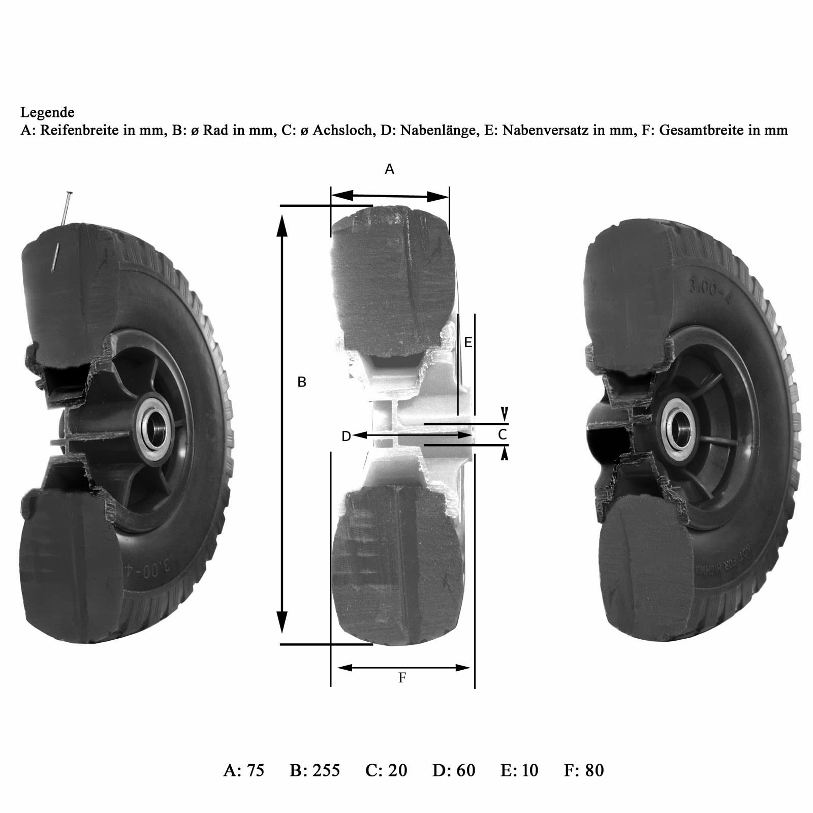 TRUTZHOLM 2x Sackkarrenrad PU-Rad 260x85 mm 3.00-4 60 mm versetze Nabe Ø 20 mm schwarz Vollgummi Bollerwagen
