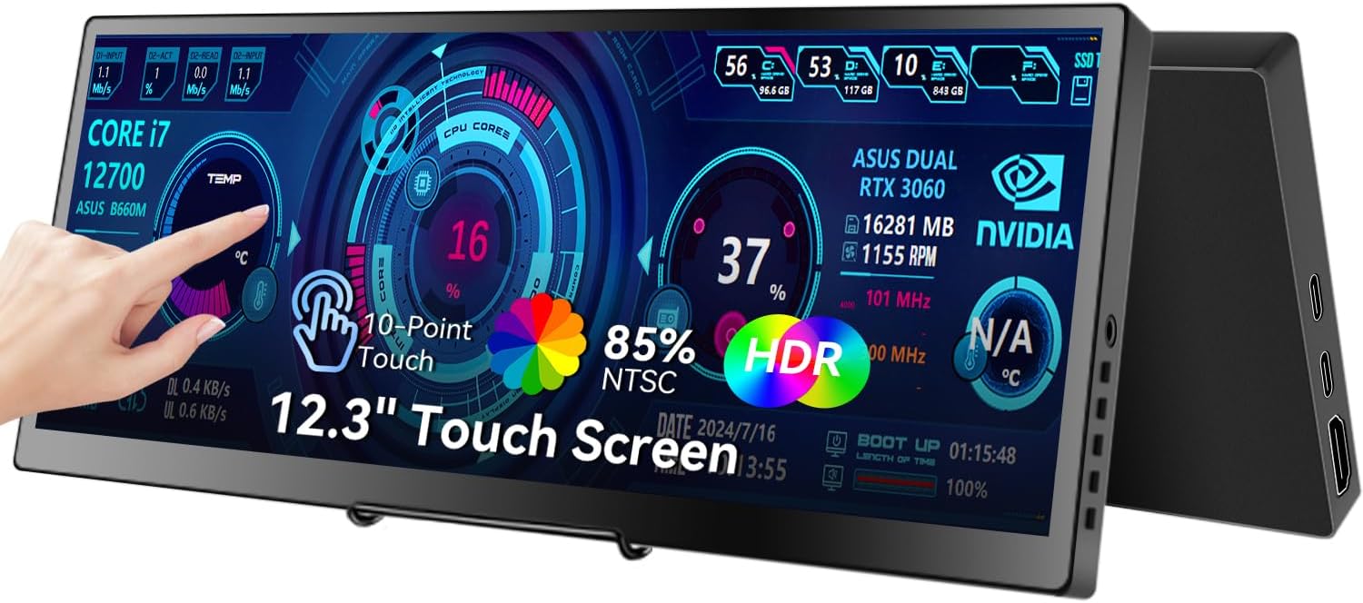 12.3 Portable Touchscreen Monitor,1920*720 IPS Mini Touch Screen,Travel Display with Foldablestand & Speaker, HDMI USBC CNC External Monitor for Laptop Phone Aida64 GPU CPU RAM Monitoring, VESA
