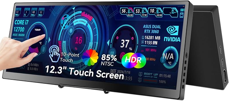 Prechen 12.3" hordozható érintőképernyős monitor 1920x720 IPS, összecsukható állvánnyal és hangszóróval