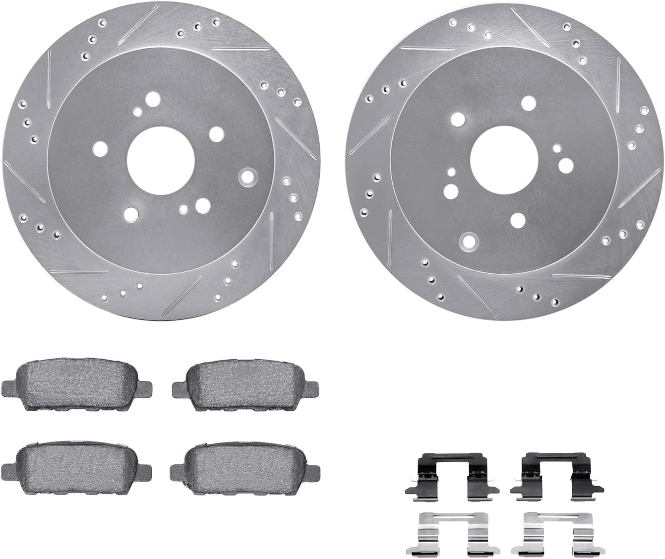 Dynamic Friction Company Front Brake Rotors Drilled and Slotted Silver with 5000 Euro Ceramic Brake Pads includes Hardware - 7612-46015