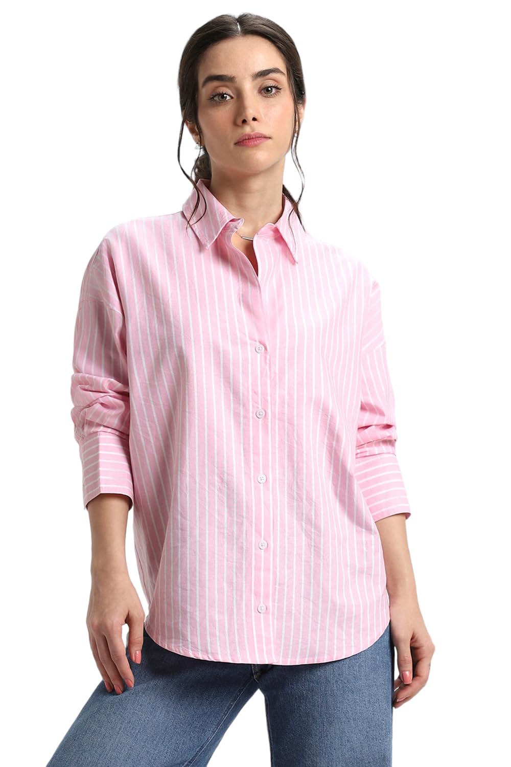 SNITCH Women's Oversized Oxford Stripe Shirt, Relaxed Fit Stripe in neutral